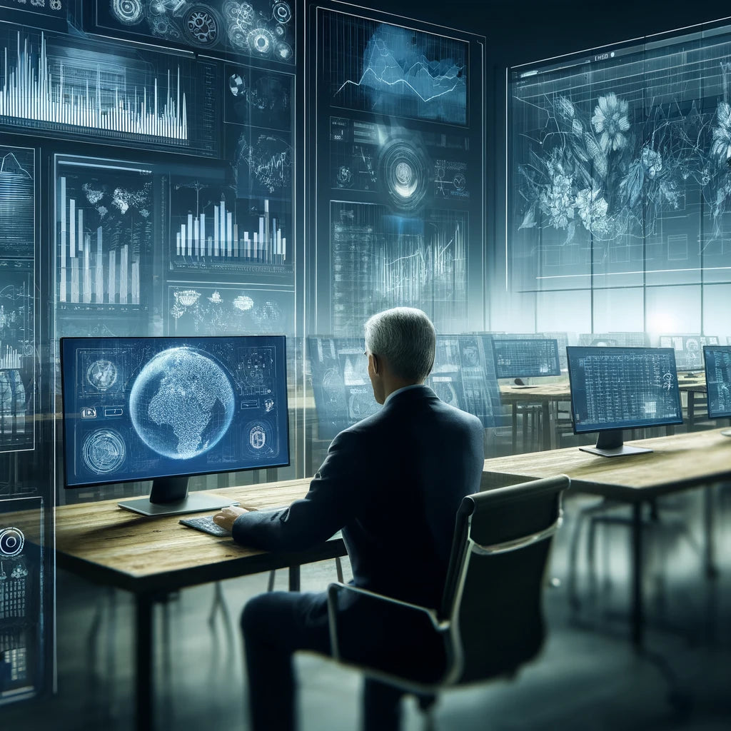 Financial Oversight & Management: This illustration shows a senior manager overseeing financial data in a high-tech office setting.