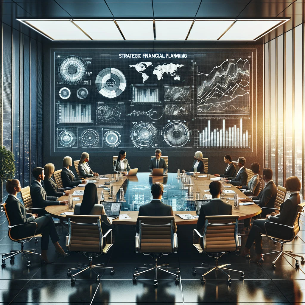 Strategic Financial Planning: The scene depicts a strategic planning session in a corporate boardroom with professionals discussing over financial charts.